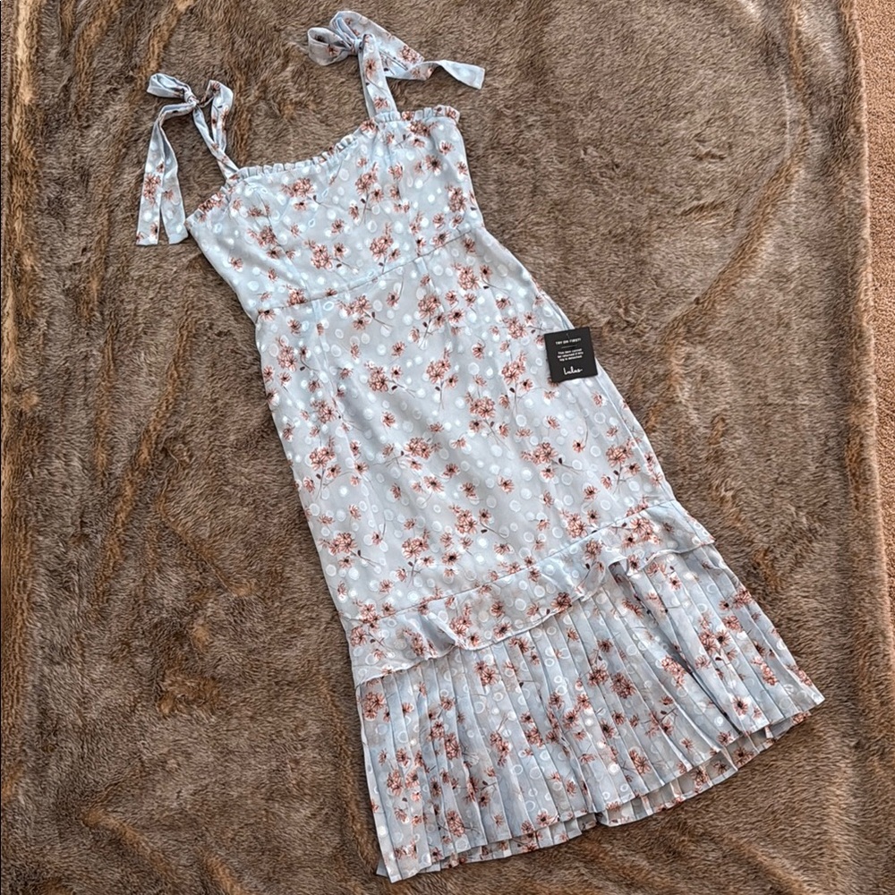 Lulu's Powder Blue Floral Midi Dress with Blush Flowers